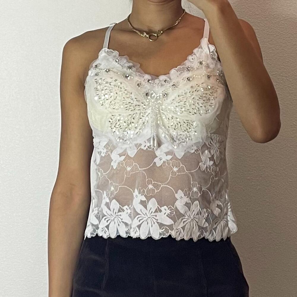 White Butterfly Top with Rhinestones and Sequins